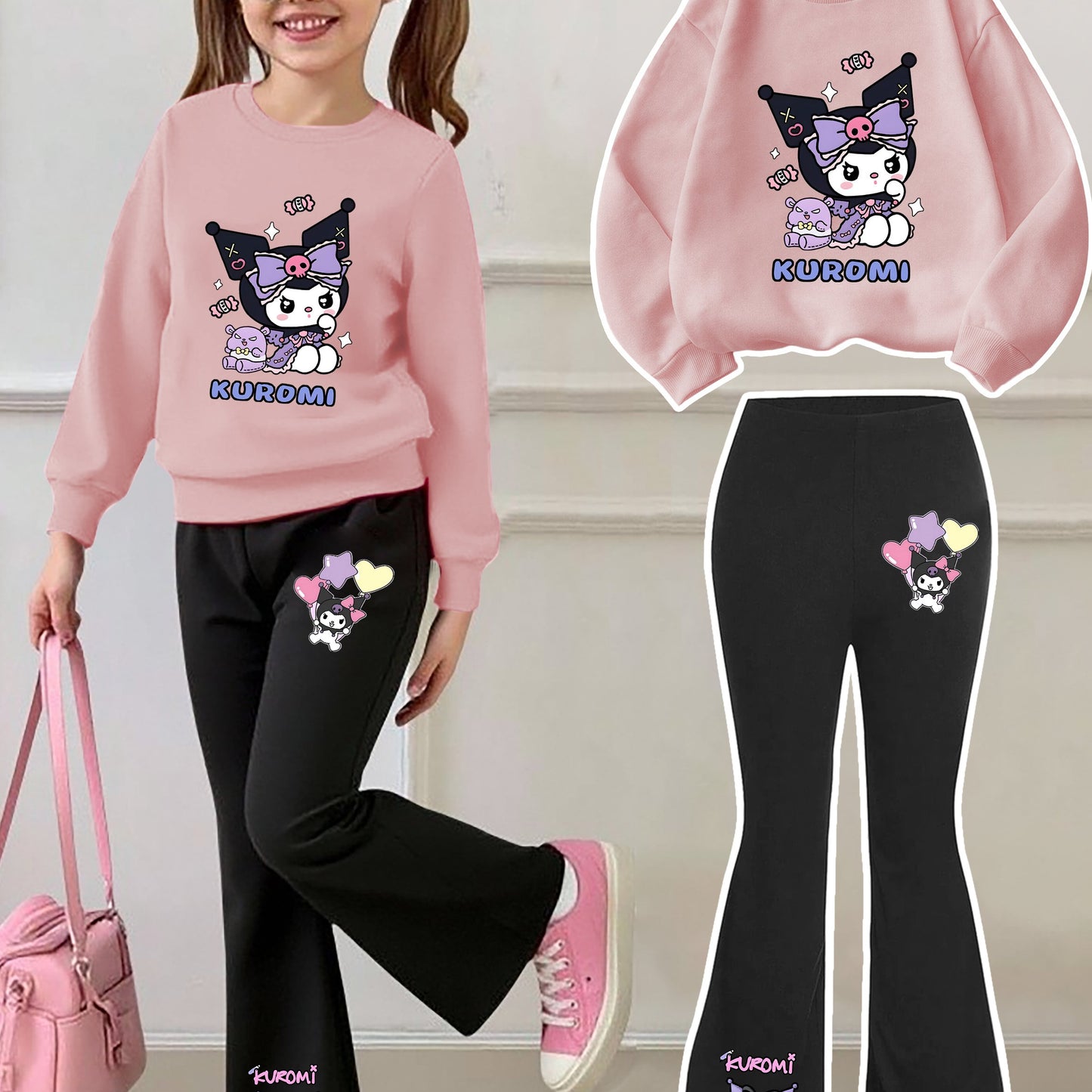[Casual Sweatshirt] 2pcs Casual Kuromi Pattern Print Round Neck Long Sleeve Sweatshirt + Flared Pants Set | Girls' Fashion, Suitable for Outdoor Play and Leisure Wear, Perfect for Birthday Gifts