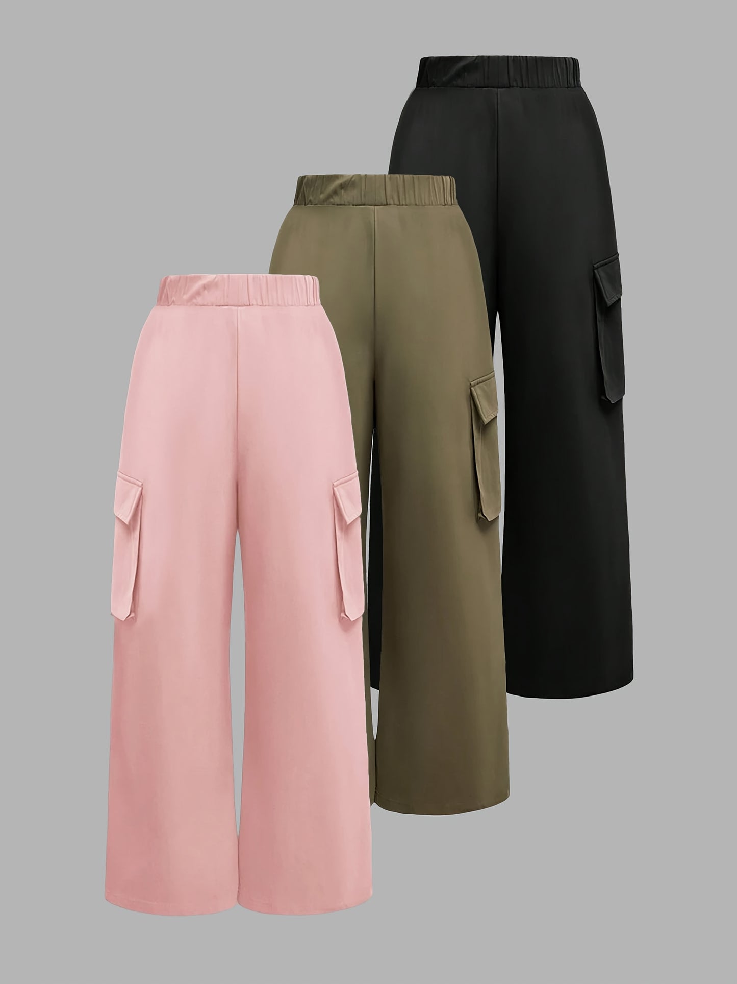 [3pcs Girls' Cargo Pants] 3pcs Girls' Cargo Pants Set | Fashion Double Pocket Design with Bow Print, Loose Fit Wide Leg Trousers for Spring/Fall, Outdoor Play and Casual Wear, Nonstretch Fabric