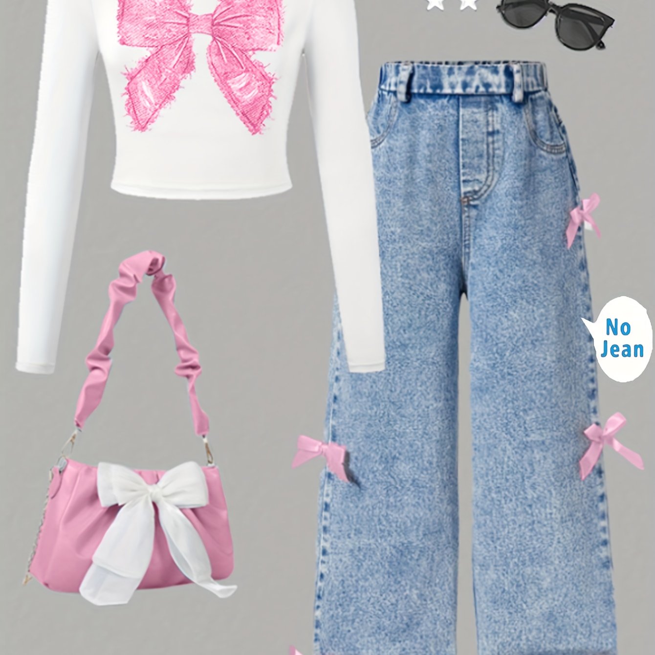 [Girls' Bow Print Top & Pants] Fashion Casual Bow Print Long Sleeve Top with Faux Denim Bow Pants for Girls | Spring/Autumn Outdoor Leisure Parties