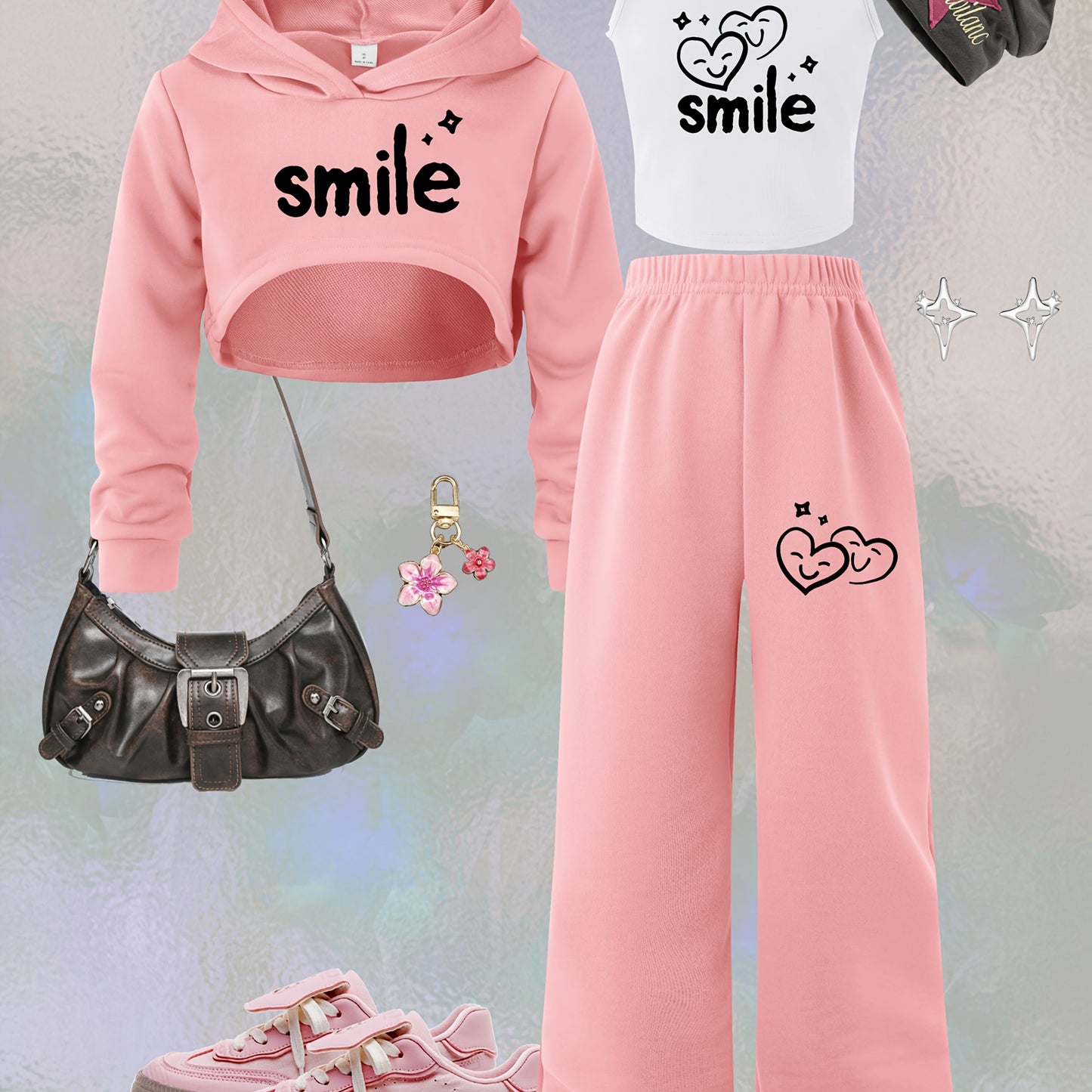 3pcs Girls' Long-Sleeve Hooded Crop Top and Pants Casual Sporty Outdoor 3pcs Set, Perfect for Outdoor