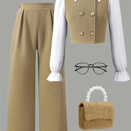 Spring and Summer Girls' Fashionable New Korean Style Button-Decorated Round Neck Sleeveless Vest + Exquisite Lapel Pleated Cuff Long Sleeve Top + Simple Versatile Pleated Pants Set for Casual Outings, Parties, Picnics, and G