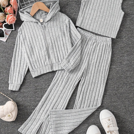 Girls' Clothes Spring, Autumn and Winter Girls' Coarse Fleece Zip-Up Hooded Cardigan + Vest + Slit Pants, 3pcs Set, Suitable for Back-to-School Season, Graduation Season, Dance Parties, Party Outfits, for Outdoor