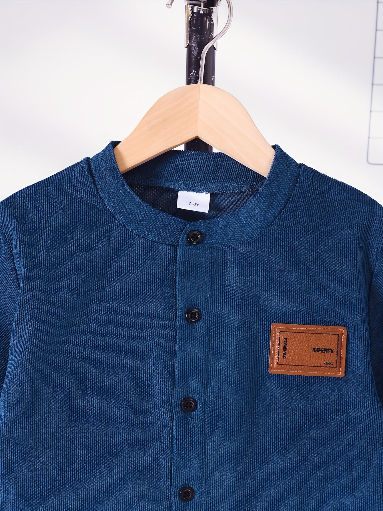[Corduroy Boys' Set] 2pcs Boys' Corduroy Shirt and Pants Set | Navy Stand Collar with Label Patch, Elastic Waist Trousers with Pockets, Loose Fit for Outdoor Activities, Parties, Casual Outings, Spring Summer
