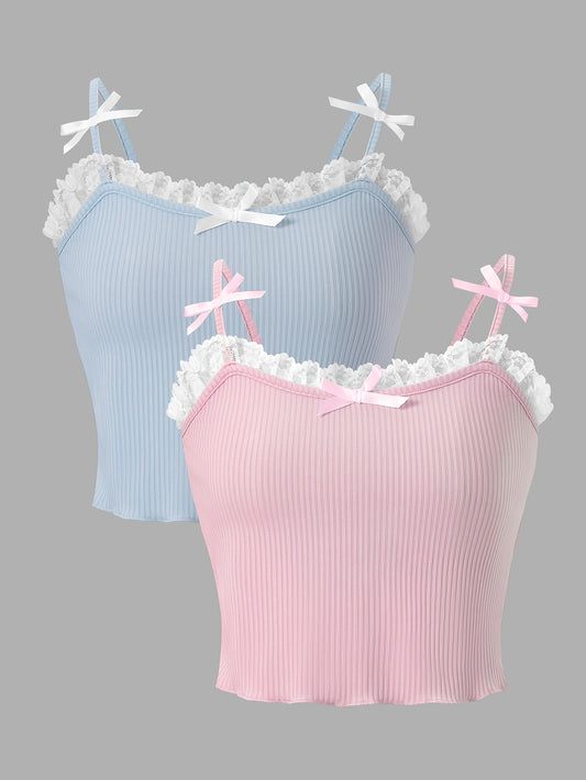 Clothing for Young Girls: a Set of Two Cute And Sweet Summer Vests with Bow Decorations, And a Set of Two Stylish And Stretchy Casual Vests for Summer, Perfect for Young Ladies.