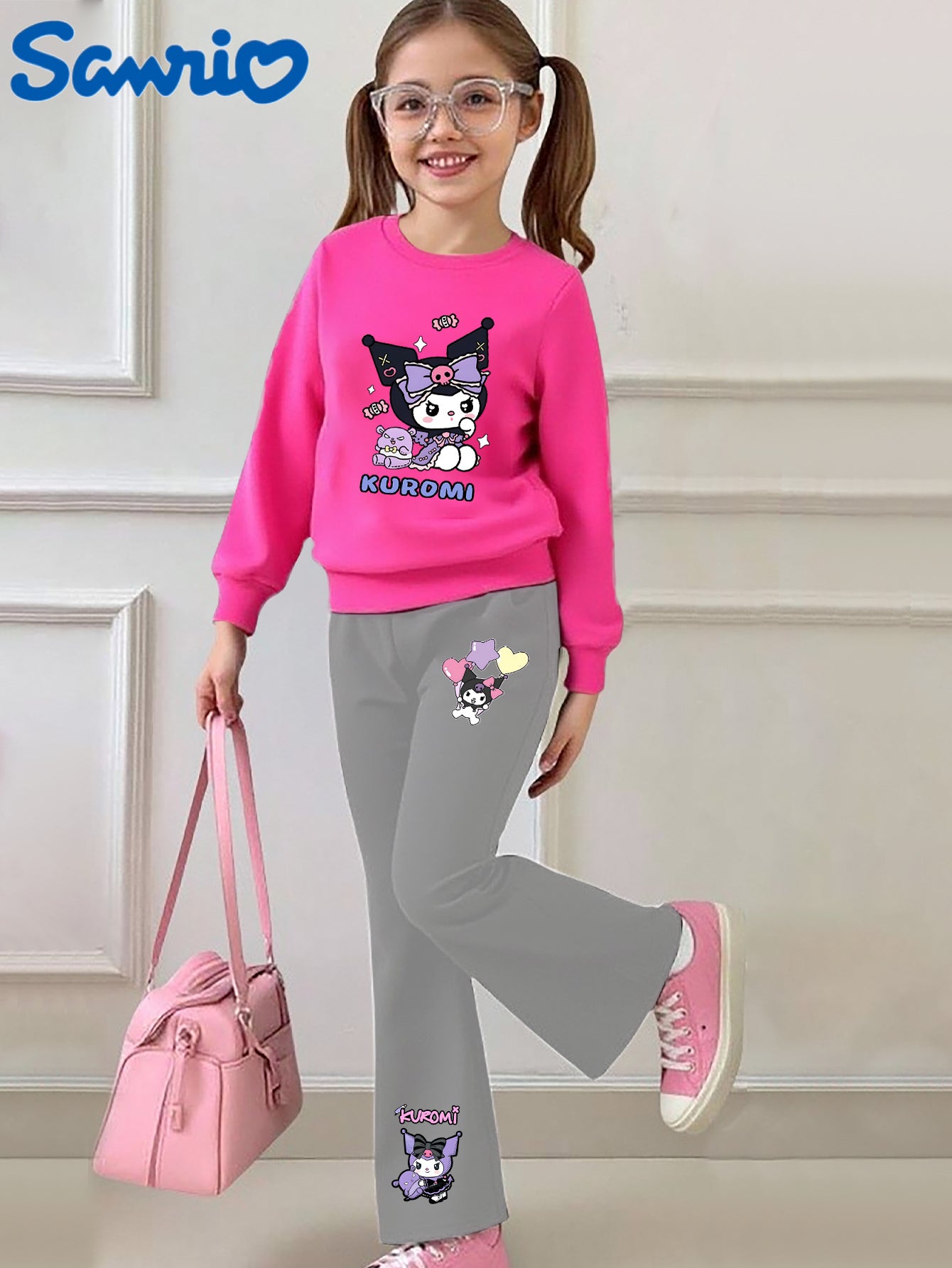 [Casual Sweatshirt] 2pcs Casual Kuromi Pattern Print Round Neck Long Sleeve Sweatshirt + Flared Pants Set | Girls' Fashion, Suitable for Outdoor Play and Leisure Wear, Perfect for Birthday Gifts