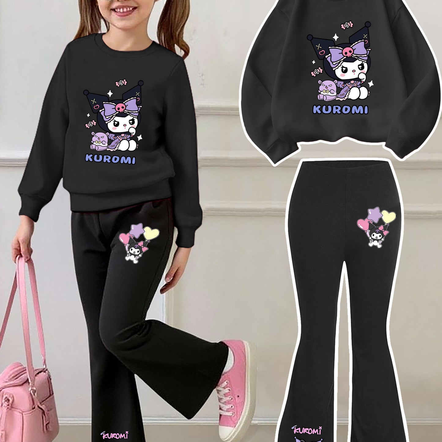 [Casual Sweatshirt] 2pcs Casual Kuromi Pattern Print Round Neck Long Sleeve Sweatshirt + Flared Pants Set | Girls' Fashion, Suitable for Outdoor Play and Leisure Wear, Perfect for Birthday Gifts