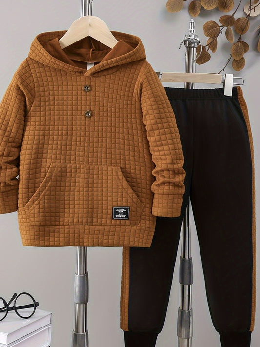[Cozy Athletic Set] Cozy 2pcs Boys' Athletic Set: Colorblock Hoodie & Joggers | Polyester, Perfect for Fall/Winter - Ideal Gift, Outdoor