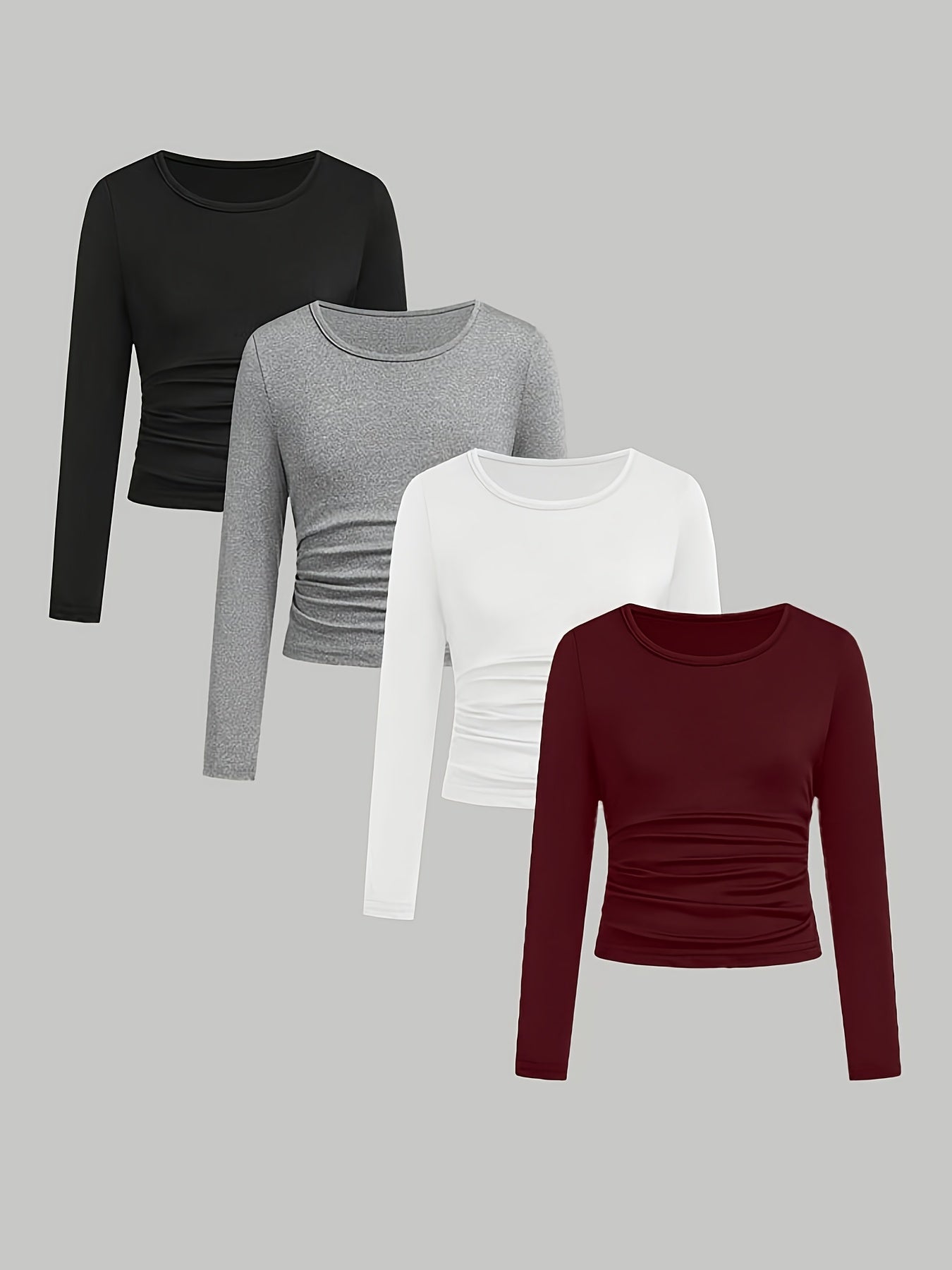 4pcs Girls' Ruffled Long Sleeve T-Shirts - 3pcs Round Neck Slim Fit Knit Tops, Medium Stretch Solid Color Casual Tees for Spring Summer Fall, Versatile Layering & Casual Attire, Shirts for Girls, Seasonal Fashion, Ruffled Sle
