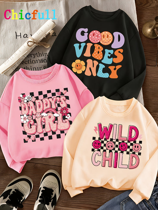 Three-Piece Set for Girls, Colorful Letter Print Sweet Creative Casual Spring/Autumn Hoodie Combo