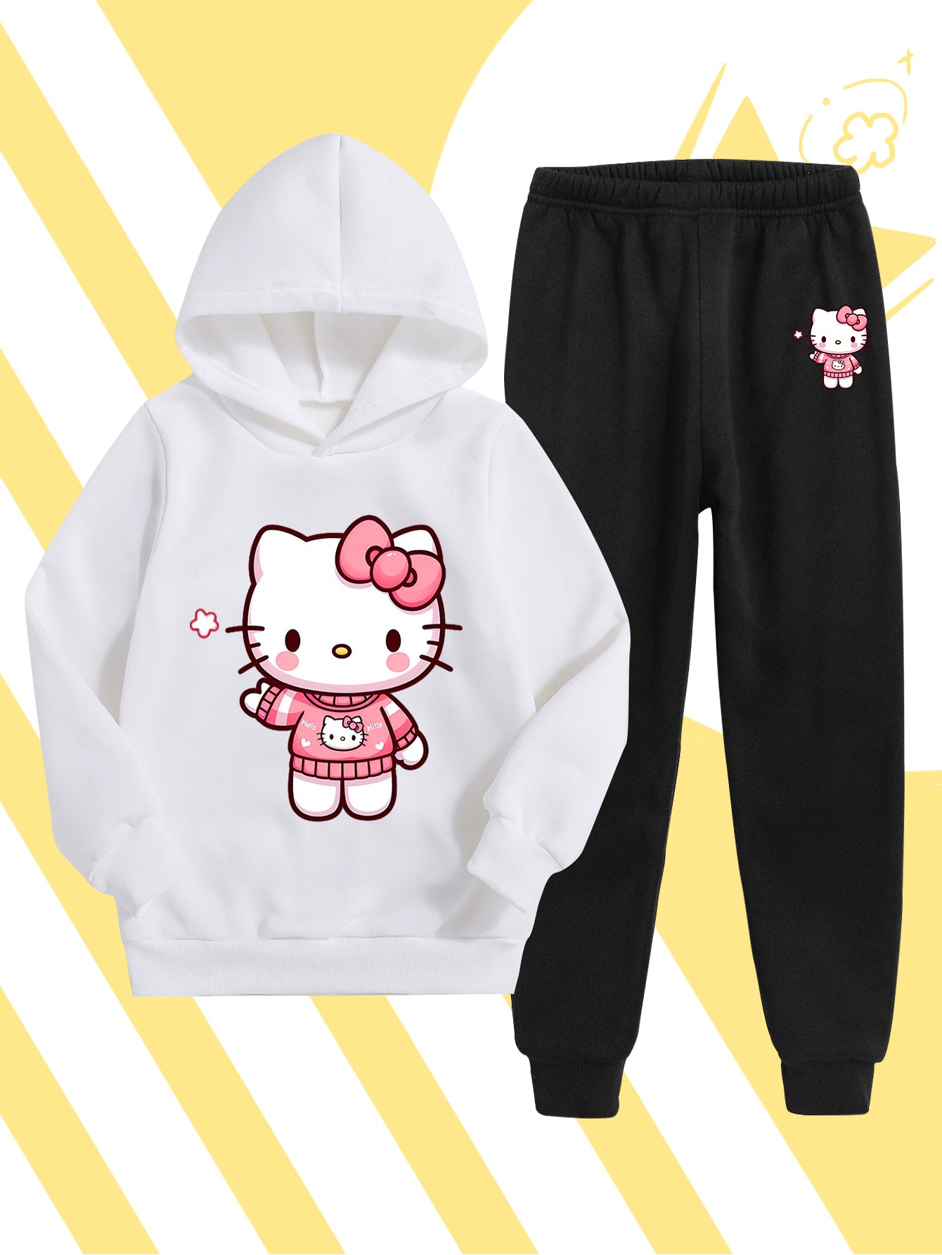 Girls' Fashion Hoodie and Pants Set - Sanrio Cartoon Print, Soft Polyester Sweatshirt with Hat for Kids, Warm & Comfortable Fall/Winter Outfit, Stylish Casual Sportswear for School or Outdoor Activities, Perfect for Outdoor