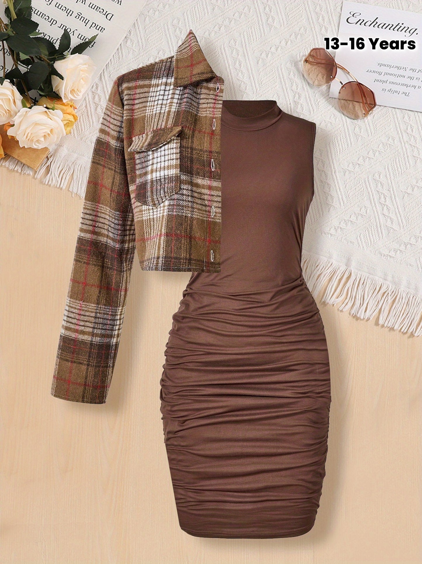 Teen Girls' Fashion Plaid Long Sleeve Shirt + Ruched Bodycon Stand Collar Dress Set, Perfect for Outdoor