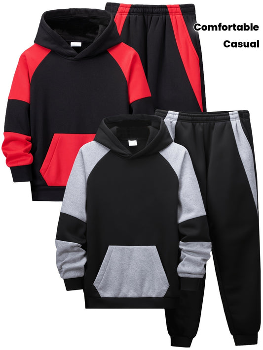 [2 Sets Contrast Hoodie] 2 Sets Classic Contrast Color Splicing Hoodie and Pants | Fashionable Casual Sports Suit for Boys and Girls | Comfortable Children's Daily Wear with Velvet in Autumn and Winter