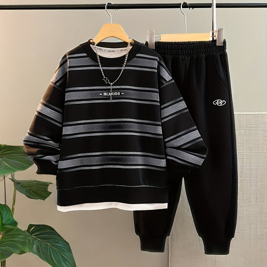 Boys' Autumn 2025 New Style Outfit Featuring a Round Neck Sweatshirt And Pants, Designed to Look Like a Two-Piece Set with Trendy Striped Prints, for Outdoor
