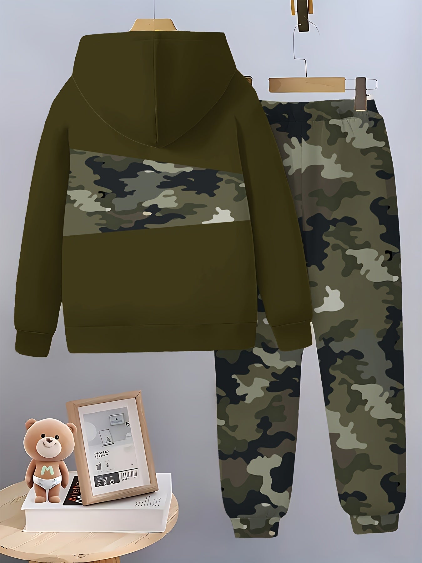 Boys' 3D Printed Camo Hoodie & Pants Set - Olive Green & Black Camouflage Long Sleeve Pullover with Kangaroo Pocket, Elastic Waistband Joggers, Perfect for Outdoor Play & Casual Wear, Fall/Winter Collection, Boy Hoodie, Playf