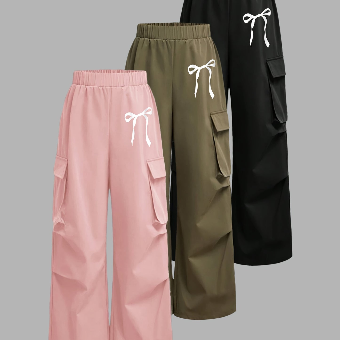 [3pcs Girls' Cargo Pants] 3pcs Girls' Cargo Pants Set | Fashion Double Pocket Design with Bow Print, Loose Fit Wide Leg Trousers for Spring/Fall, Outdoor Play and Casual Wear, Nonstretch Fabric