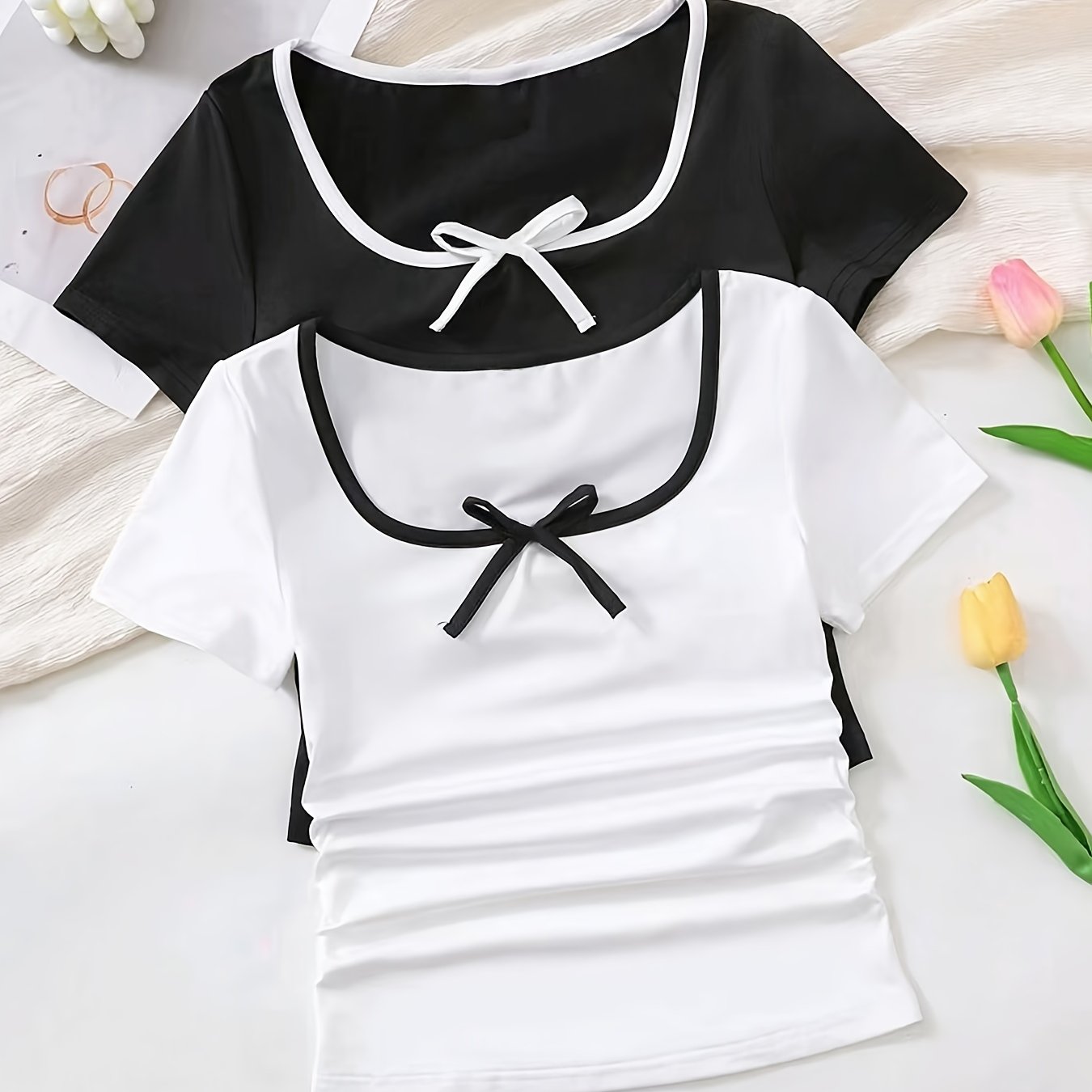 Adorable Girls' Casual Solid Color Bow Front Short Sleeve T-Shirts 2pcs, Fashionable and Elegant Back-to-School Season Clothes