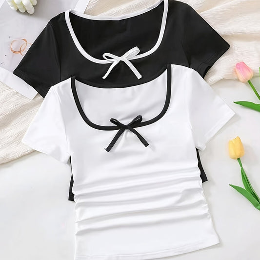Adorable Girls' Casual Solid Color Bow Front Short Sleeve T-Shirts 2pcs, Fashionable and Elegant Back-to-School Season Clothes