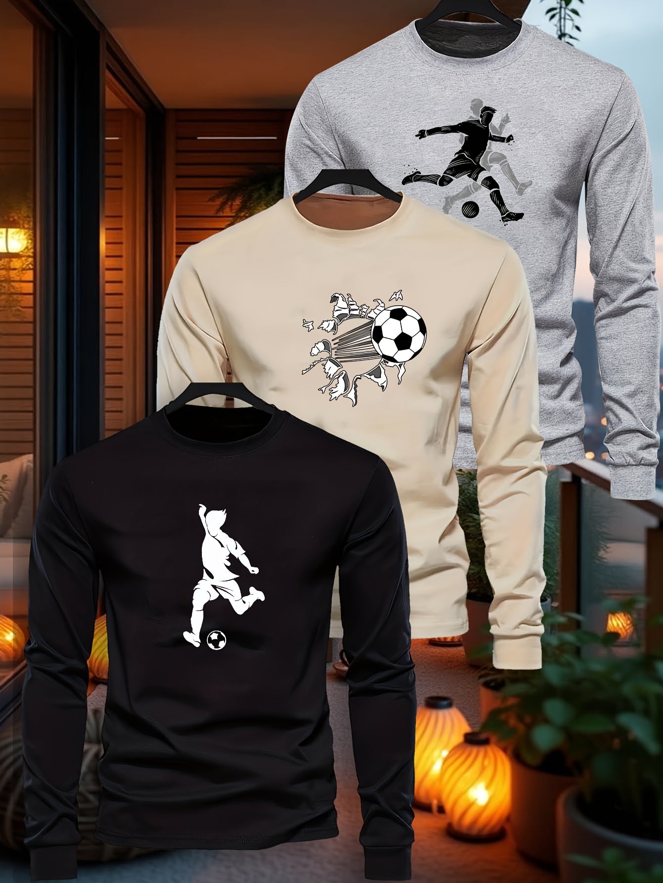 3pcs Boys' Soccer Graphic Long Sleeve T-Shirts - High-Stretch Casual Crew Neck Tops with Football Player & Ball Design, Black & Gray, Perfect for Fall, Everyday Youngsters'S Clothing, Soccer Shirts, Playful Youngsters'S Desig