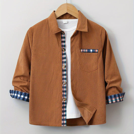 Youth Vintage Corduroy Shirt with Plaid Detail - Casual Long Sleeve, Button-Up, Non-Stretch Fabric for Spring/Fall, Fits 13-17 Years Old, Brown/White/Plaid Design