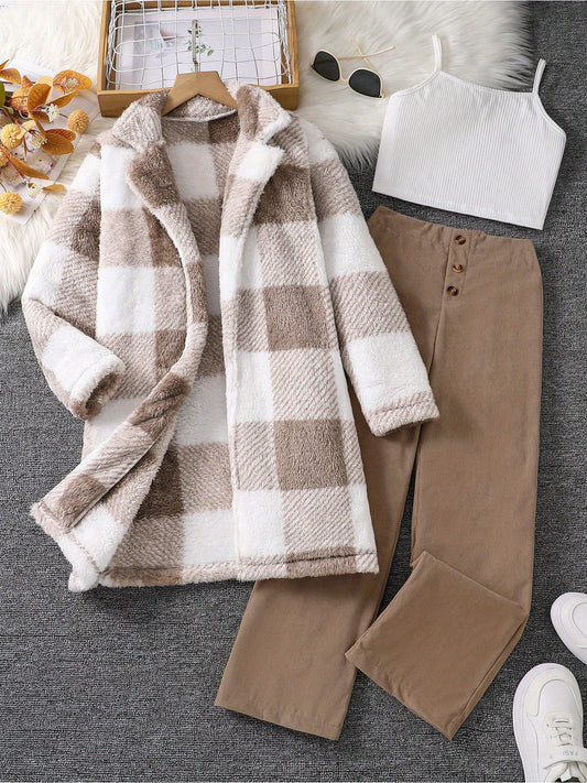 Youth Plaid Fleece Coat + Solid Color Spaghetti Strap + Solid Color Corduroy Pants Three-Piece Set Fashionable Casual Versatile Suitable for Autumn and Winter, Perfect for Outdoor
