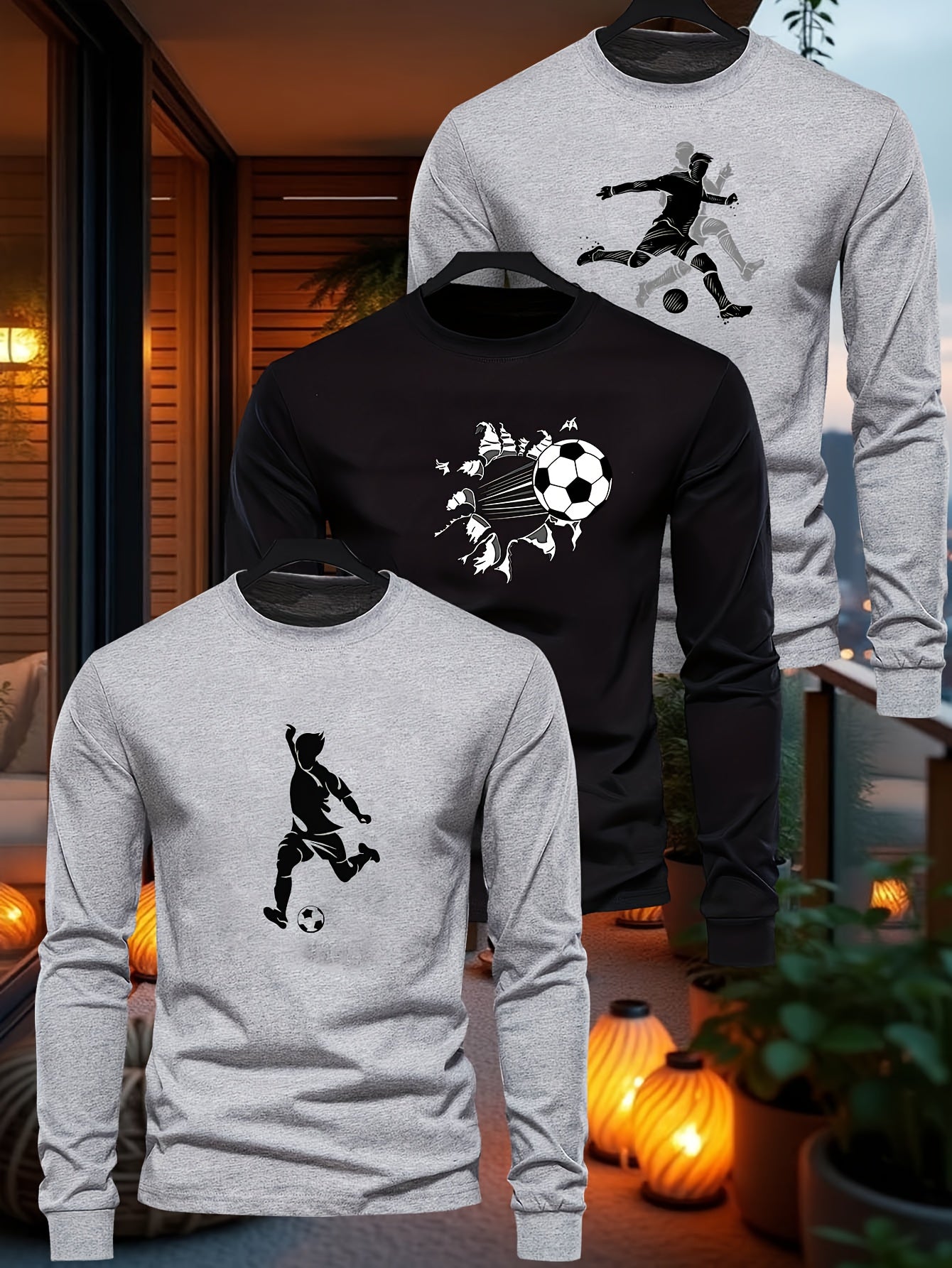 3pcs Boys' Soccer Graphic Long Sleeve T-Shirts - High-Stretch Casual Crew Neck Tops with Football Player & Ball Design, Black & Gray, Perfect for Fall, Everyday Youngsters'S Clothing, Soccer Shirts, Playful Youngsters'S Desig