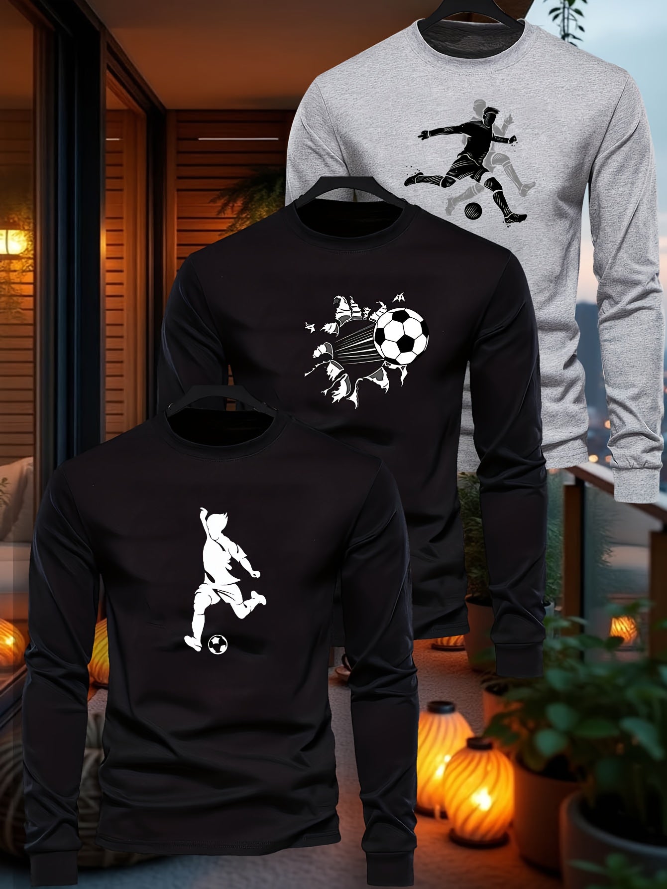 3pcs Boys' Soccer Graphic Long Sleeve T-Shirts - High-Stretch Casual Crew Neck Tops with Football Player & Ball Design, Black & Gray, Perfect for Fall, Everyday Youngsters'S Clothing, Soccer Shirts, Playful Youngsters'S Desig