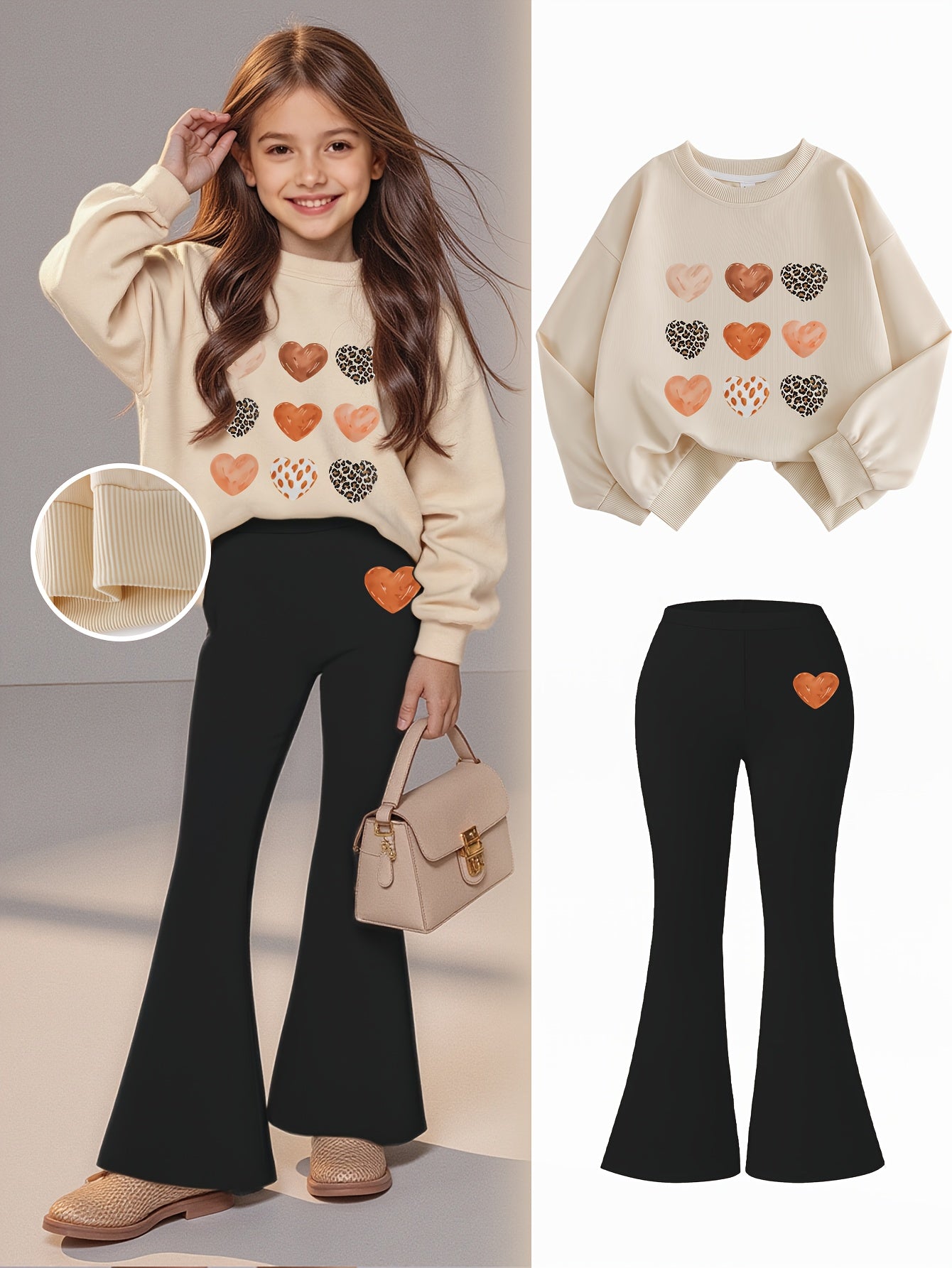 [Trendy Autumn Suit for Kids] 2pcs Trendy Autumn Suit for Kids | Girls' Fashion Sweatshirt + Flare Pants Style | Heart Print Design | Urban Stroll + Fashionable Look | Perfect for Outdoor