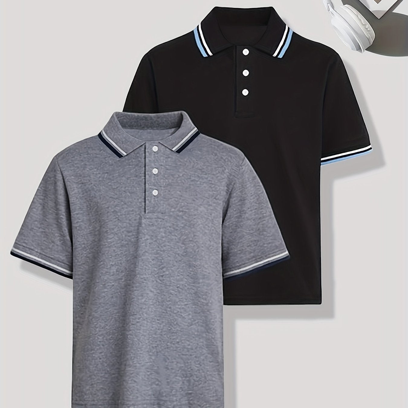 2pcs set of youth boy short-sleeved collar T-shirt tops, simple and casual fashion, suitable for summer