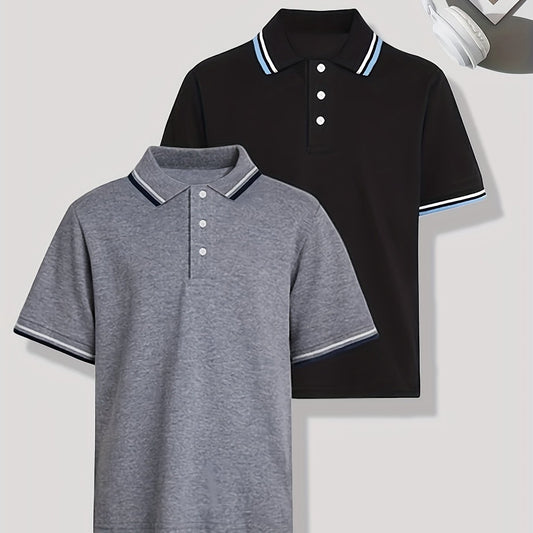 2pcs set of youth boy short-sleeved collar T-shirt tops, simple and casual fashion, suitable for summer