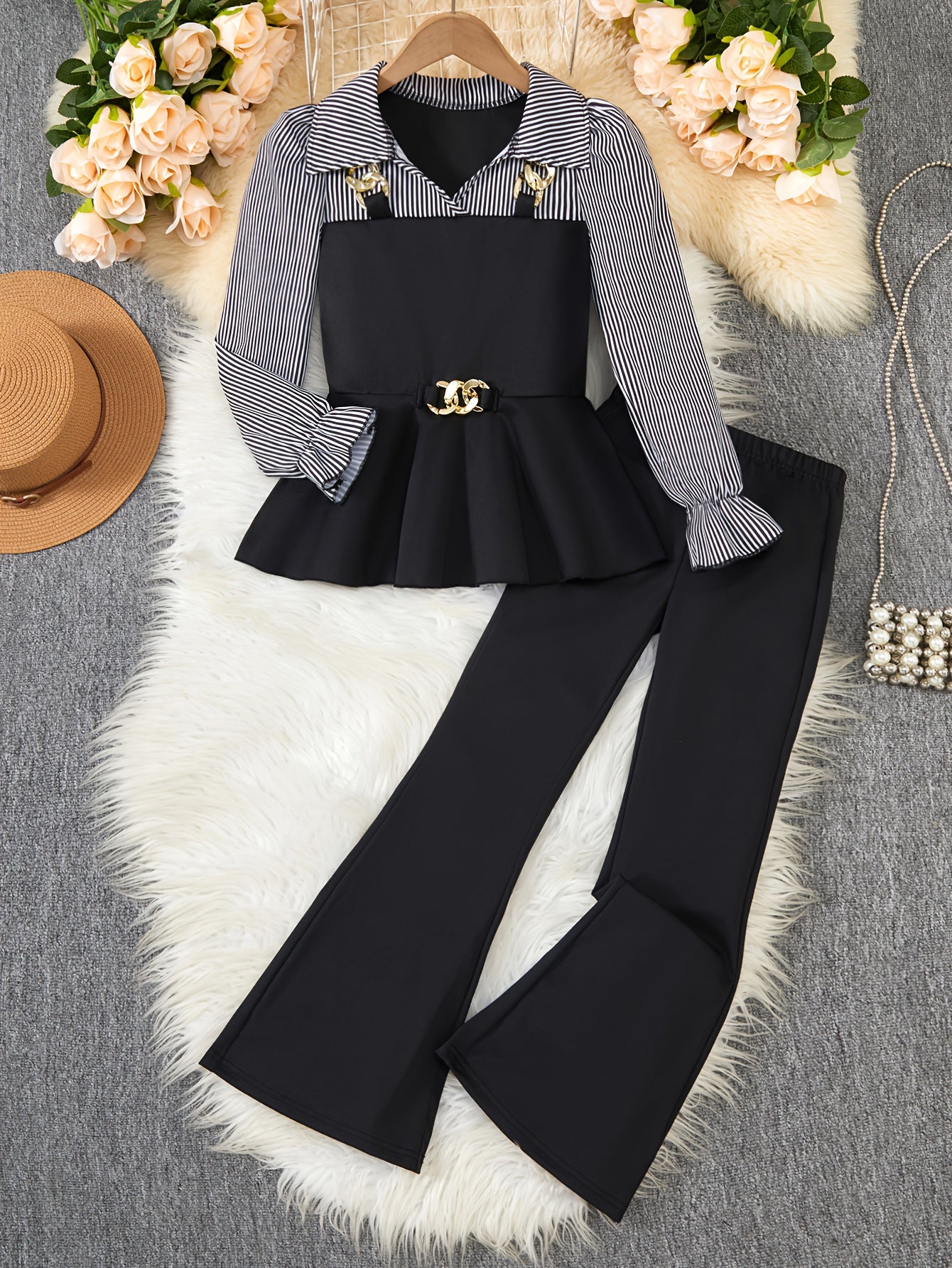 ' Autumn and Winter Fashion Casual Elegant Two-Tone Shirt with Golden Chain Detail, Ruffle Hem Top Paired with Flared Pants, Machine Washable Formal and Casual Wear Suitable for School, Parties, Family Events, Travel Vacation