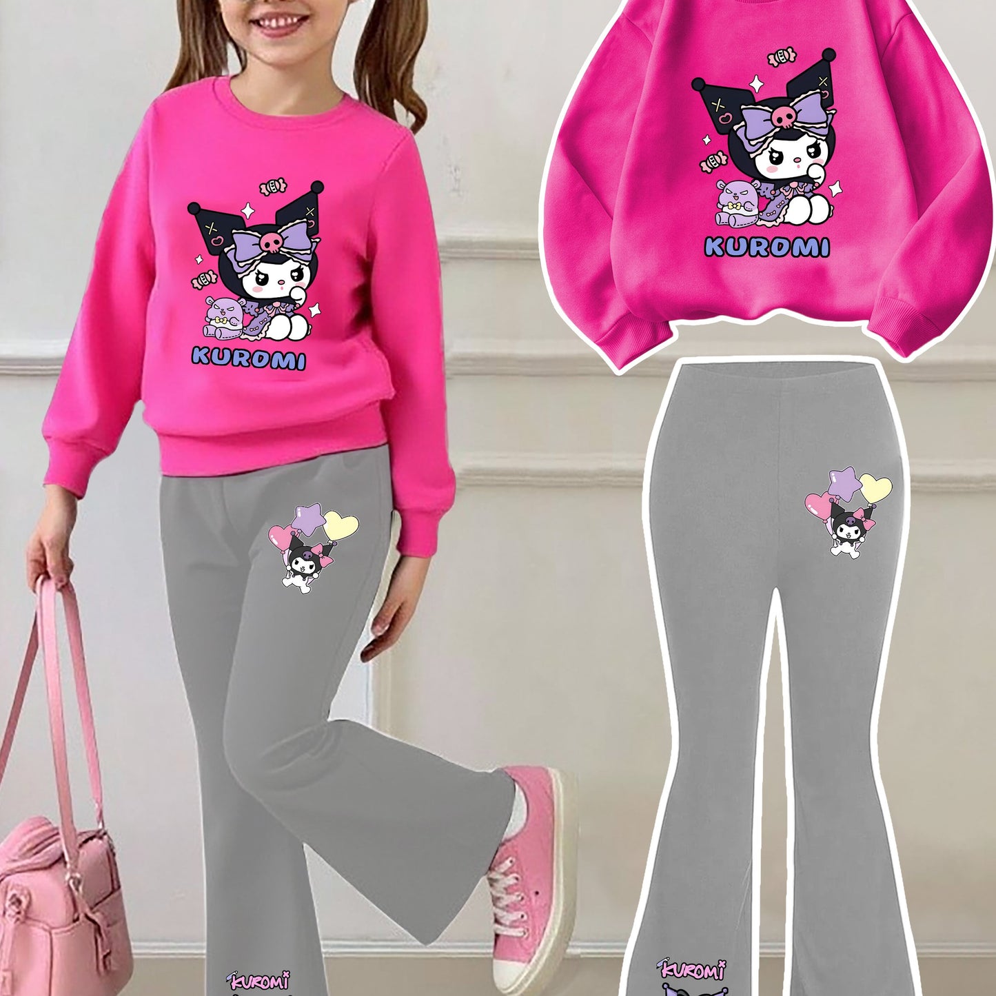 [Casual Sweatshirt] 2pcs Casual Kuromi Pattern Print Round Neck Long Sleeve Sweatshirt + Flared Pants Set | Girls' Fashion, Suitable for Outdoor Play and Leisure Wear, Perfect for Birthday Gifts