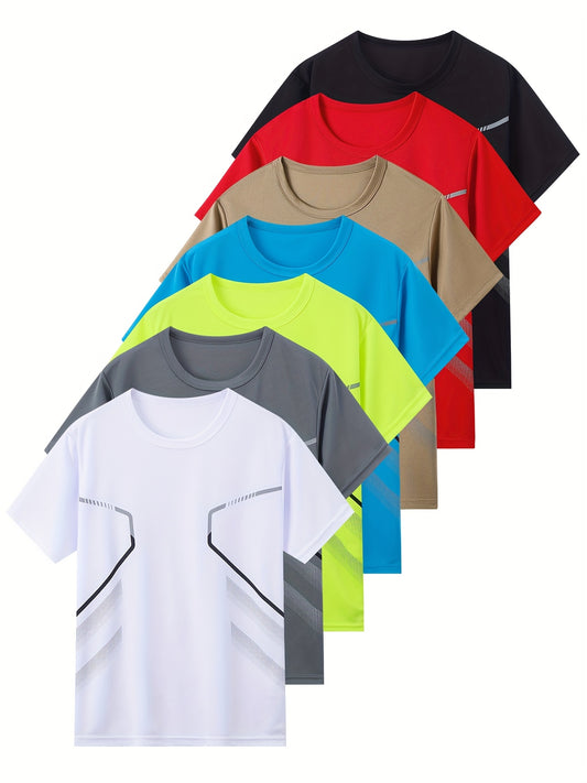 [Breathable T-Shirts] 7pcs Breathable & Lightweight Men's Casual Short-Sleeve T-Shirts | Black, White, Gray, Blue, Red, Khaki, Green - Comfortable for Outdoor Activities, Sports, and Everyday Wear - Perfect for Brothers, Teen