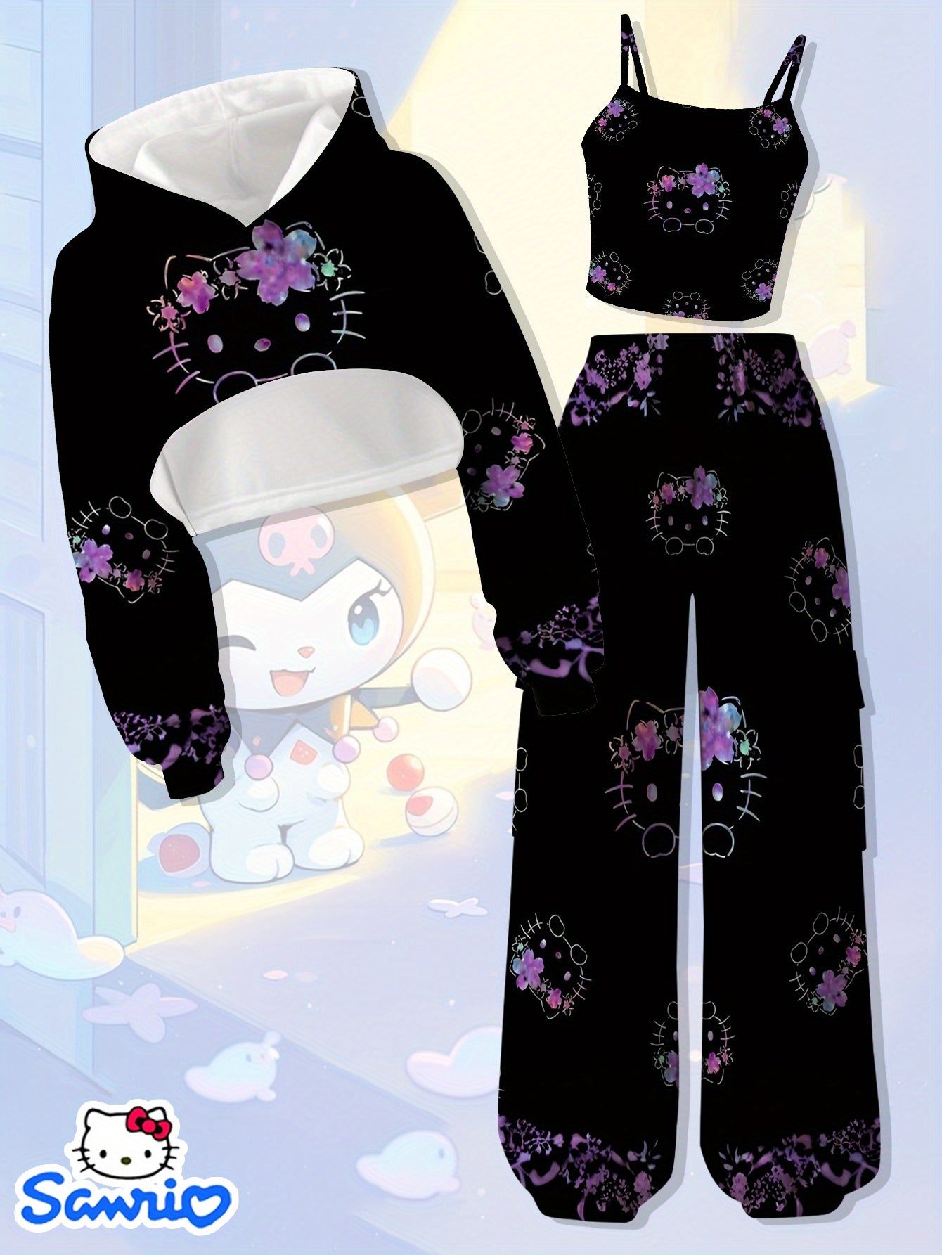 3pcs Girls' Gothic Hello! Magazine-Inspired Outfit Set - Purple & Black All-Over Print Hooded Sweatshirt & Overalls with Heart & Bow Details, Cozy Winter Clothes for Christmas, Birthday Party, Casual Attire - Casual to Formal