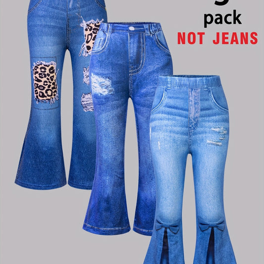 3-Pack Girls' Faux Denim Printed Ripped Leopard Print Flared Pants - Stretchy Elastic Waistband, Soft Comfortable Casual Trousers with Faux Pockets, All-Season Wear for Parties, Carnivals & Casual Attire, Party Attire, Playfu