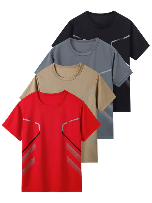 4pcs Youth Boys' Short Sleeve Summer Mesh Quick-Dry Casual Sports T-Shirts in Solid Black, Grey, Red, and Khaki for Versatile Casual Attire Outdoor Running Tops Suitable for Ages 13+ Breathable Lightweight Multi-Piece Set