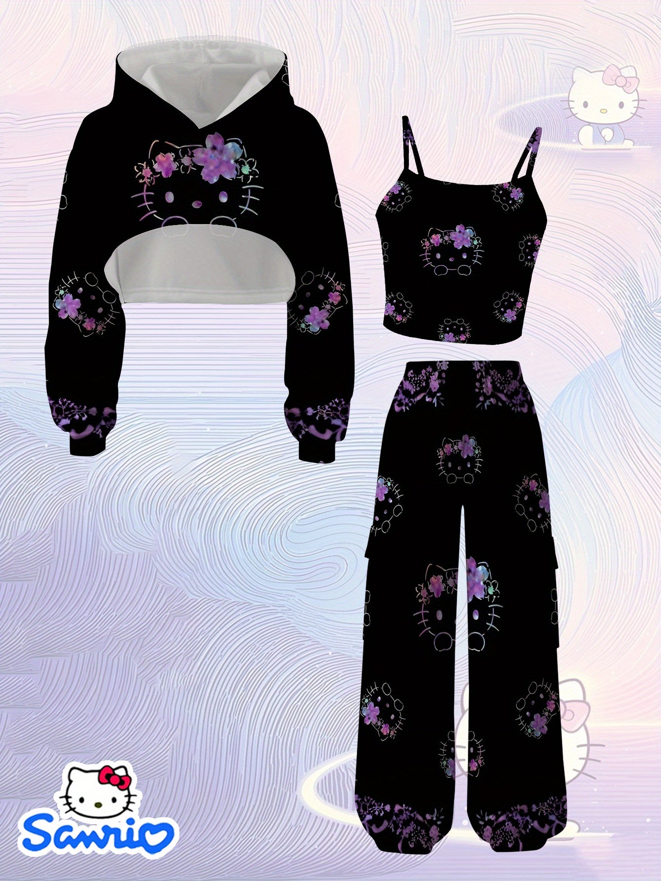 3pcs Girls' Gothic Hello! Magazine-Inspired Outfit Set - Purple & Black All-Over Print Hooded Sweatshirt & Overalls with Heart & Bow Details, Cozy Winter Clothes for Christmas, Birthday Party, Casual Attire - Casual to Formal