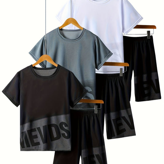 6pcs Set BAIOUNIAO Boys' Teen Boys' All-in-One Matching Tracksuit Set - Summer Short Sleeve T-Shirts & Athletic Shorts with Lettering Print, White/Grey/Navy Blue/Black Color Options, Loose-Fit Gym & Outdoor Sports Outfits for
