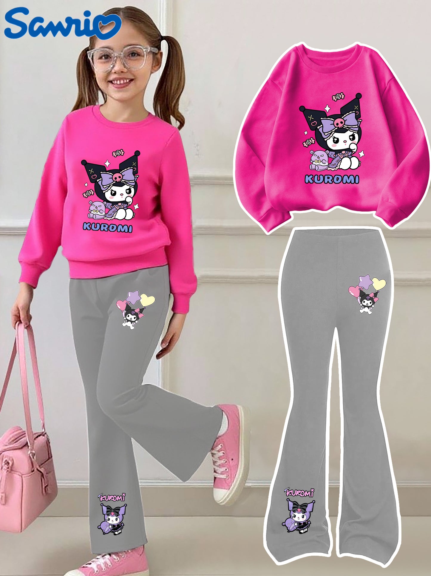 [Casual Sweatshirt] 2pcs Casual Kuromi Pattern Print Round Neck Long Sleeve Sweatshirt + Flared Pants Set | Girls' Fashion, Suitable for Outdoor Play and Leisure Wear, Perfect for Birthday Gifts