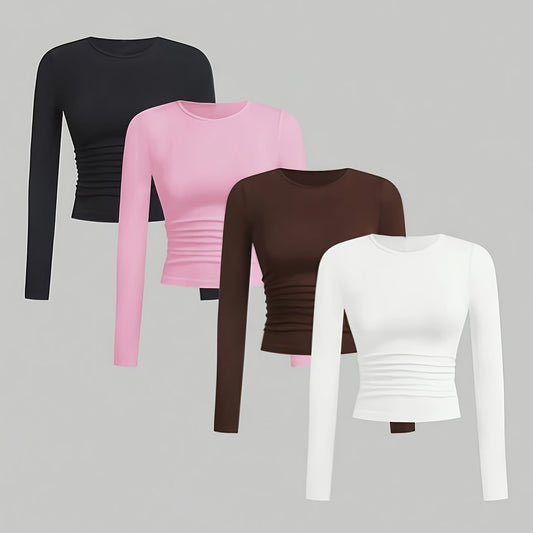 4pcs Girls' Ruffled Long Sleeve T-Shirts - 3pcs Round Neck Slim Fit Knit Tops, Medium Stretch Solid Color Casual Tees for Spring Summer Fall, Versatile Layering & Casual Attire, Shirts for Girls, Seasonal Fashion, Ruffled Sle