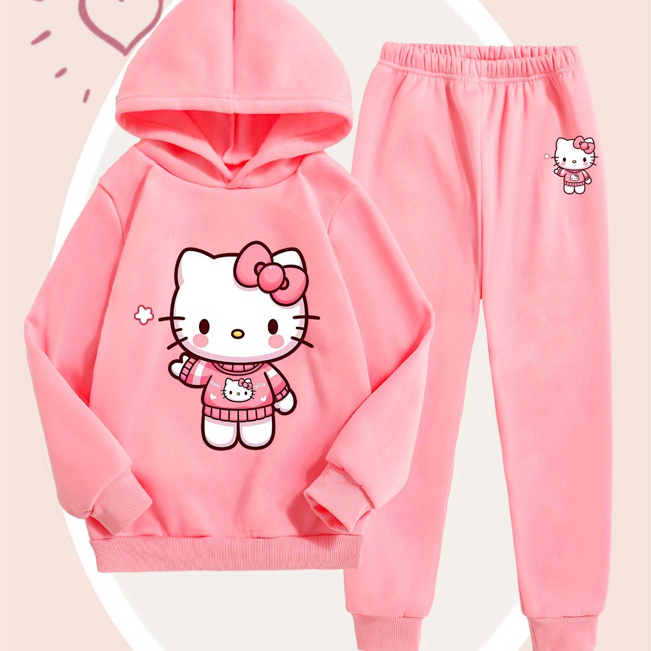 Girls' Fashion Hoodie and Pants Set - Sanrio Cartoon Print, Soft Polyester Sweatshirt with Hat for Kids, Warm & Comfortable Fall/Winter Outfit, Stylish Casual Sportswear for School or Outdoor Activities, Perfect for Outdoor