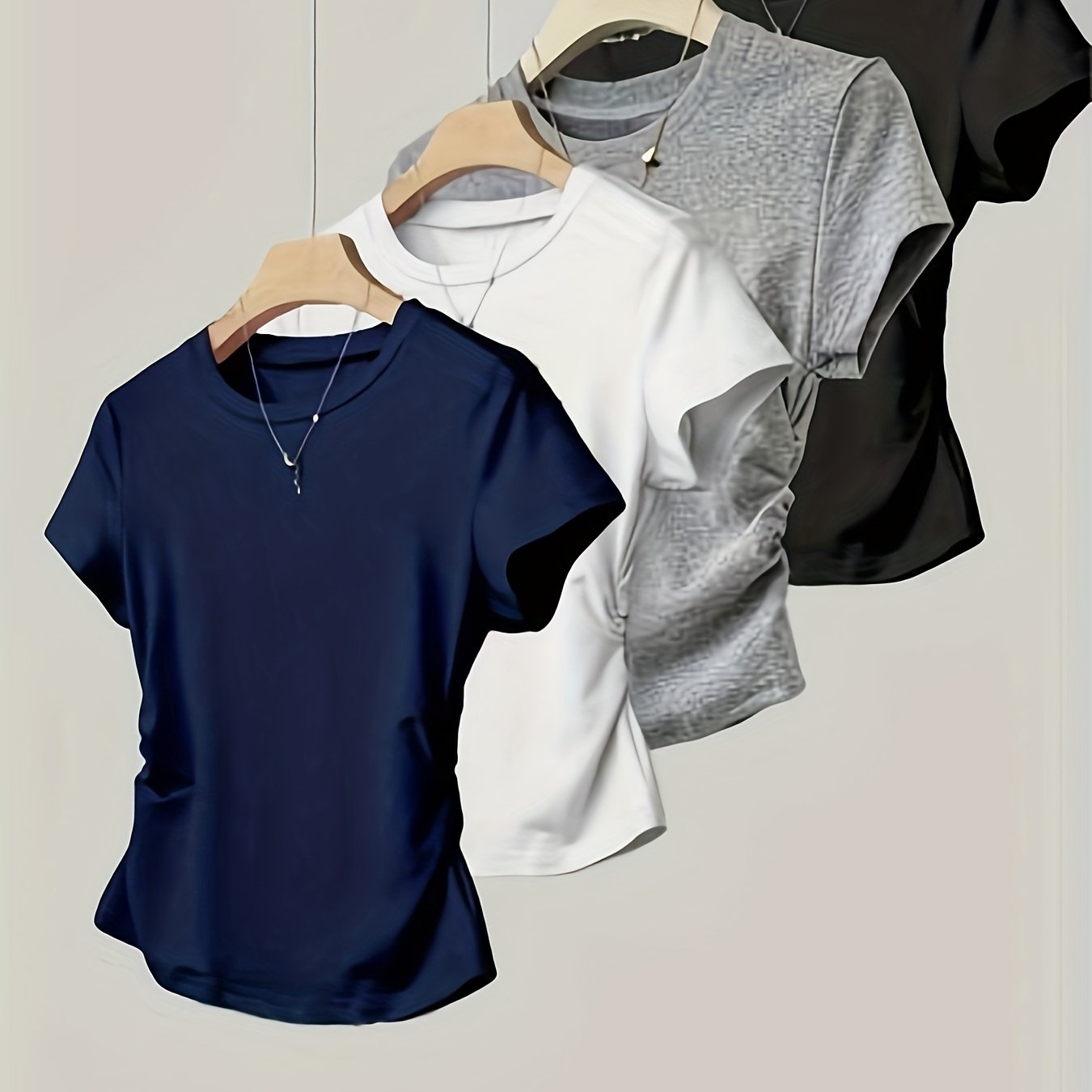 4pcs Round Neck Short Sleeve T-Shirt for Girls, Stylish Pleated Versatile Top