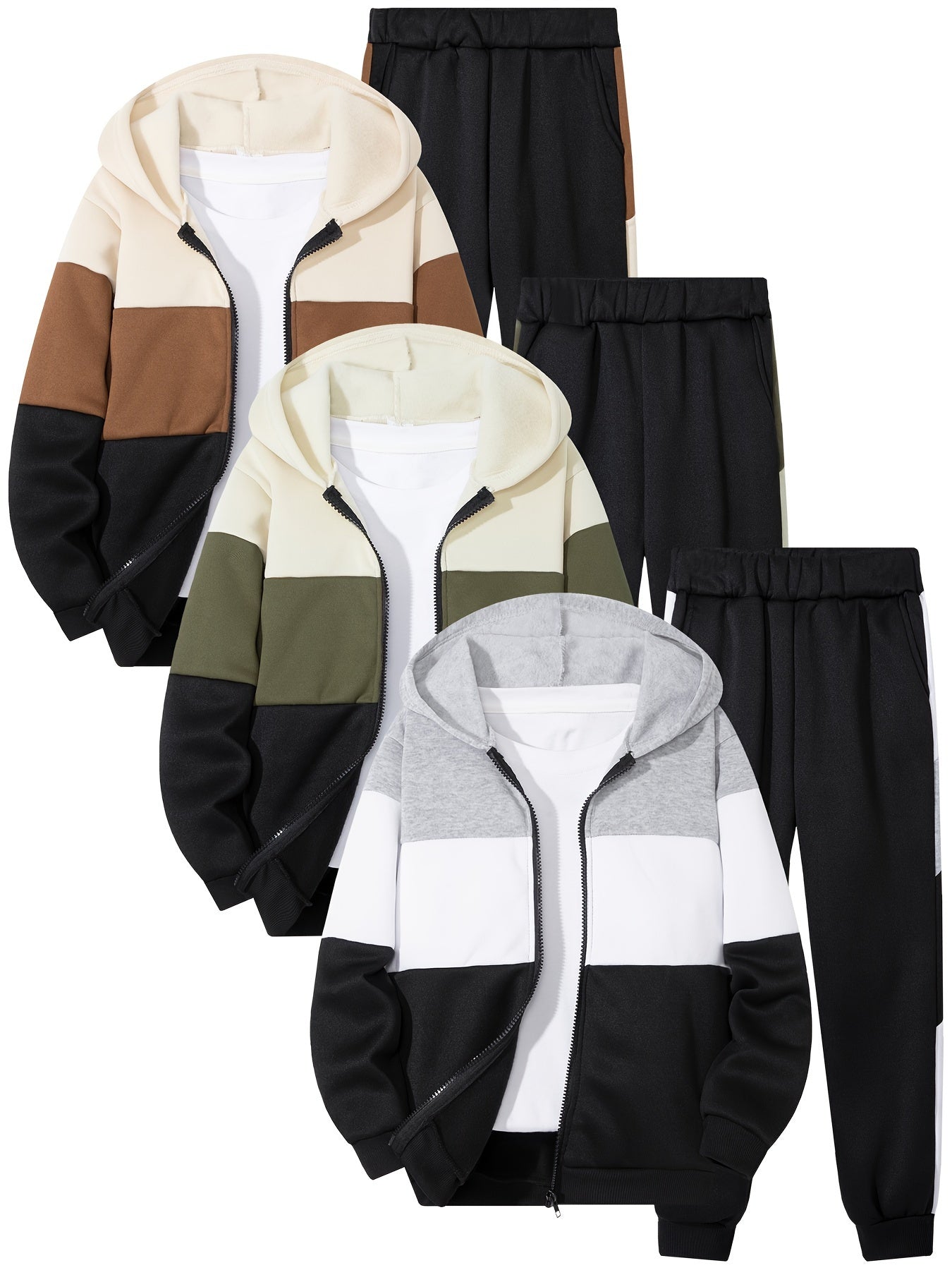 3pcs Boys' Color Block Zip-Up Hoodie & Jogger Set - Cozy Fleece-Lined Casual Outfit for Fall/Winter, Beige/Brown, Black/White, Green/Gray, Elastic Waistband, Machine Washable, Jogging Suits, Perfect for Outdoor