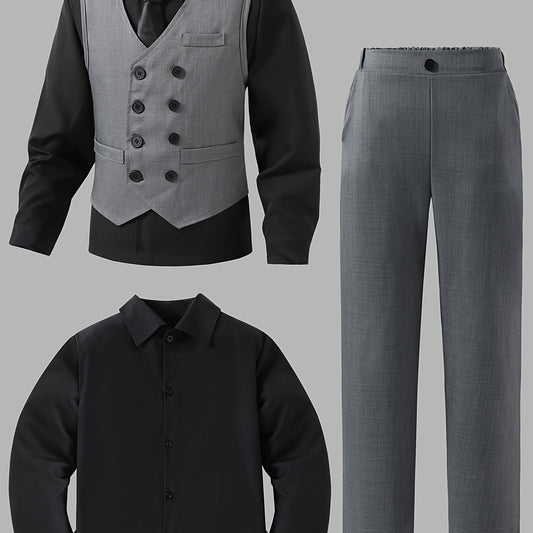 3pcs Formal Suit for Teens - Dark Gray Business Attire with Notch Lapel Blazer, Dress Shirt & Dress Pants - Button-Front Closure, Non-Stretch Fabric - Formal Events, Weddings, Interviews - Elegant Teen Formal Wear, Teen Boy D