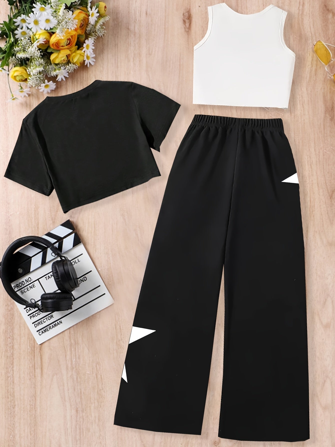 Highly Rated Girls' Clothes Set: Star Print Crop Top + Pure Black Round Neck T-Shirt with Curved Hem + Loose Straight-Leg Pants, Comfortable and Fitted Fabric, Perfect for Outdoor Activities, Essential Four-Season Outfit, Per