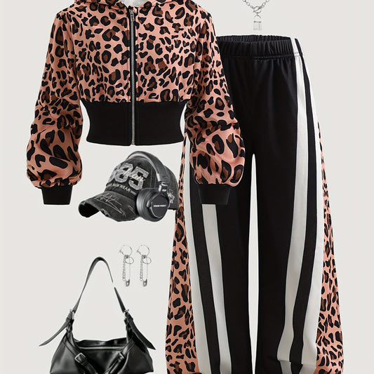 Girls' Fashion Set Two-Piece Autumn Leopard Print Hooded Long Sleeve Jacket and Wide Leg Pants Fashion Sports Two-Piece Set, Perfect for Outdoor, Perfect for, Girl Clothe, Girl Outfit, School Clothes/uniform For Girl