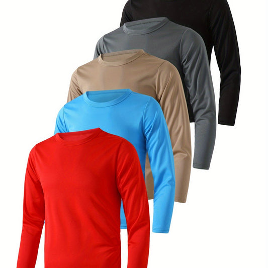 A Set of 5 Long-Sleeve T-Shirts for Teenagers in Solid Colors: Black, Red, Gray, Blue, And Khaki. These Regular Basic Pullovers Are Suitable for Outdoor Activities, Featuring Breathable Quick-Dry Fabric for Sports And Casual