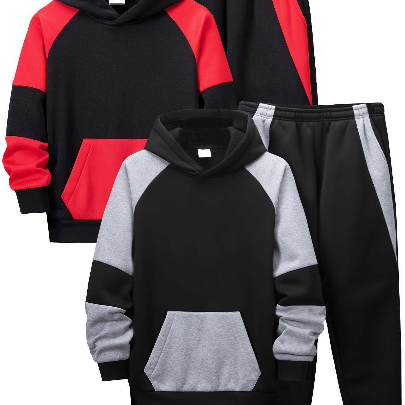 [2 Sets Contrast Hoodie] 2 Sets Classic Contrast Color Splicing Hoodie and Pants | Fashionable Casual Sports Suit for Boys and Girls | Comfortable Children's Daily Wear with Velvet in Autumn and Winter