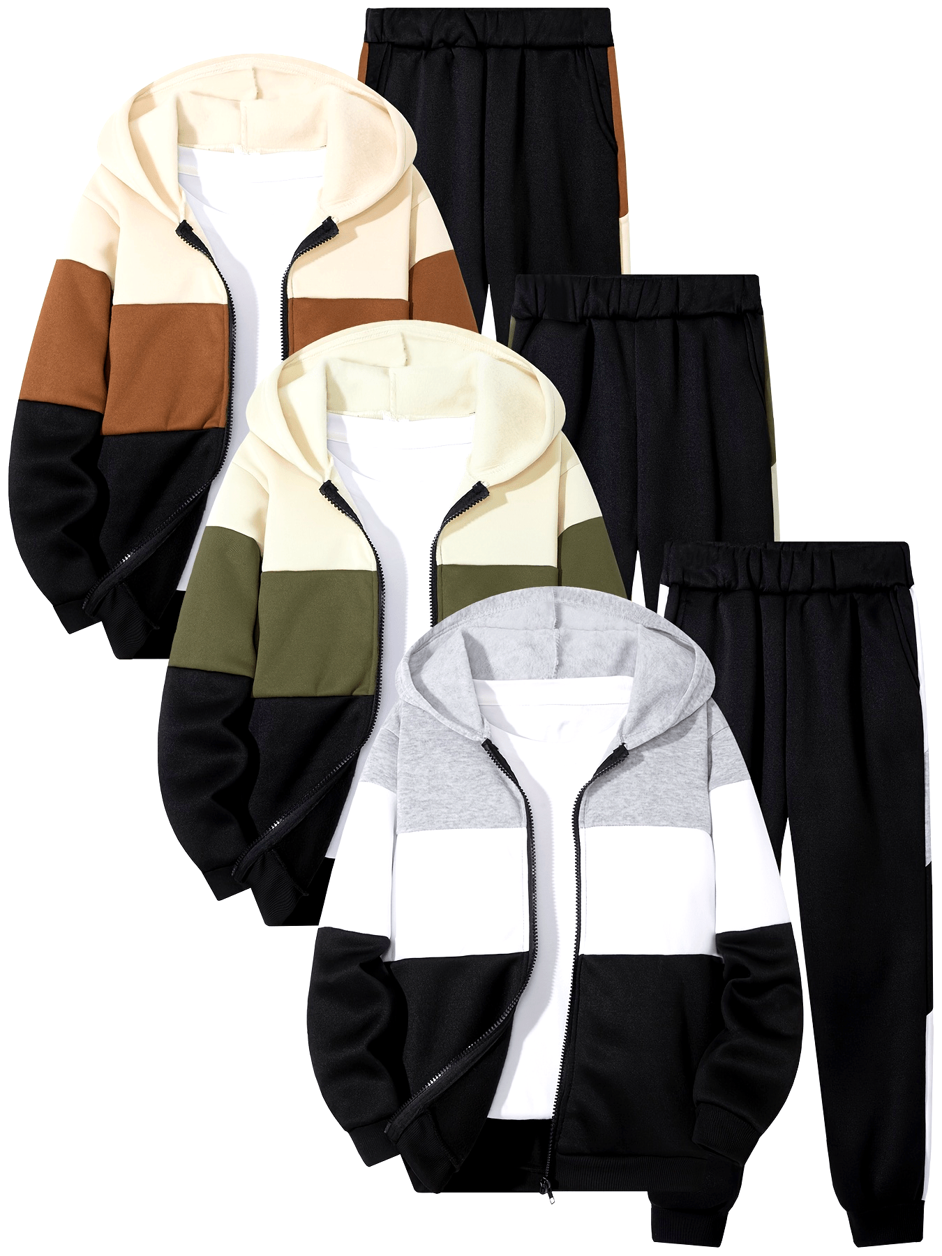 3pcs Boys' Color Block Zip-Up Hoodie & Jogger Set - Cozy Fleece-Lined Casual Outfit for Fall/Winter, Beige/Brown, Black/White, Green/Gray, Elastic Waistband, Machine Washable, Jogging Suits, Perfect for Outdoor