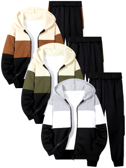 3pcs Boys' Color Block Zip-Up Hoodie & Jogger Set - Cozy Fleece-Lined Casual Outfit for Fall/Winter, Beige/Brown, Black/White, Green/Gray, Elastic Waistband, Machine Washable, Jogging Suits, Perfect for Outdoor