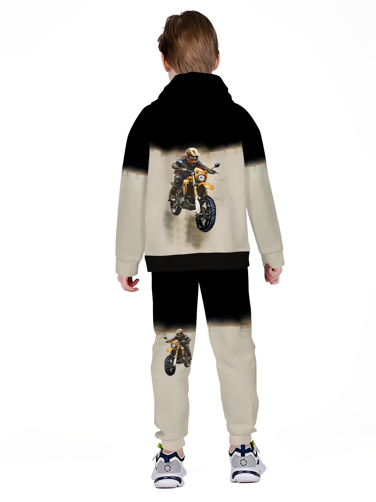Boys' handsome motorcycle 3D printed long sleeved pants hooded sweatshirt set, boys' spring and autumn sportswear, casual versatile pullover suitable for boys' outdoor sports, suitable as a gift, Perfect for Outdoor